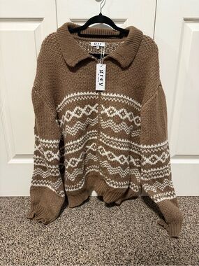 Grey Collared Fair Isle Knit Cardigan Sweater - Brown/White